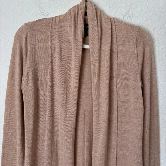 Cynthia Rowley Extrafine Merino Wool Open Front Longline Neutral Tan Cardigan - Picture 3 of 12